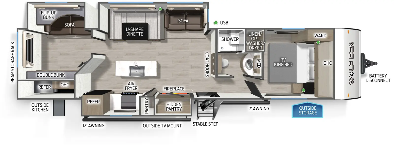The Cherokee Black Label 304SRBL floorplan has one entry and three slide outs. Exterior features include: fiberglass exterior, 12' & 7' awning,  outside entertainment and outside kitchen. Interiors features include: bunk beds, kitchen island, u-dinette and front bedroom.